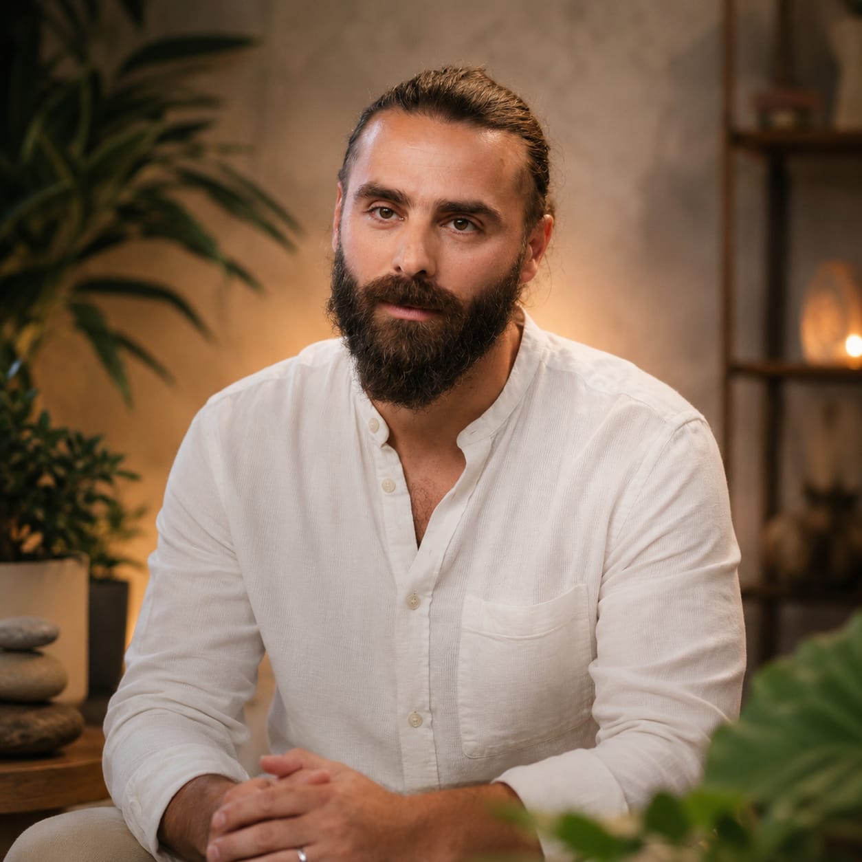 Thoughtful man in warm indoor light