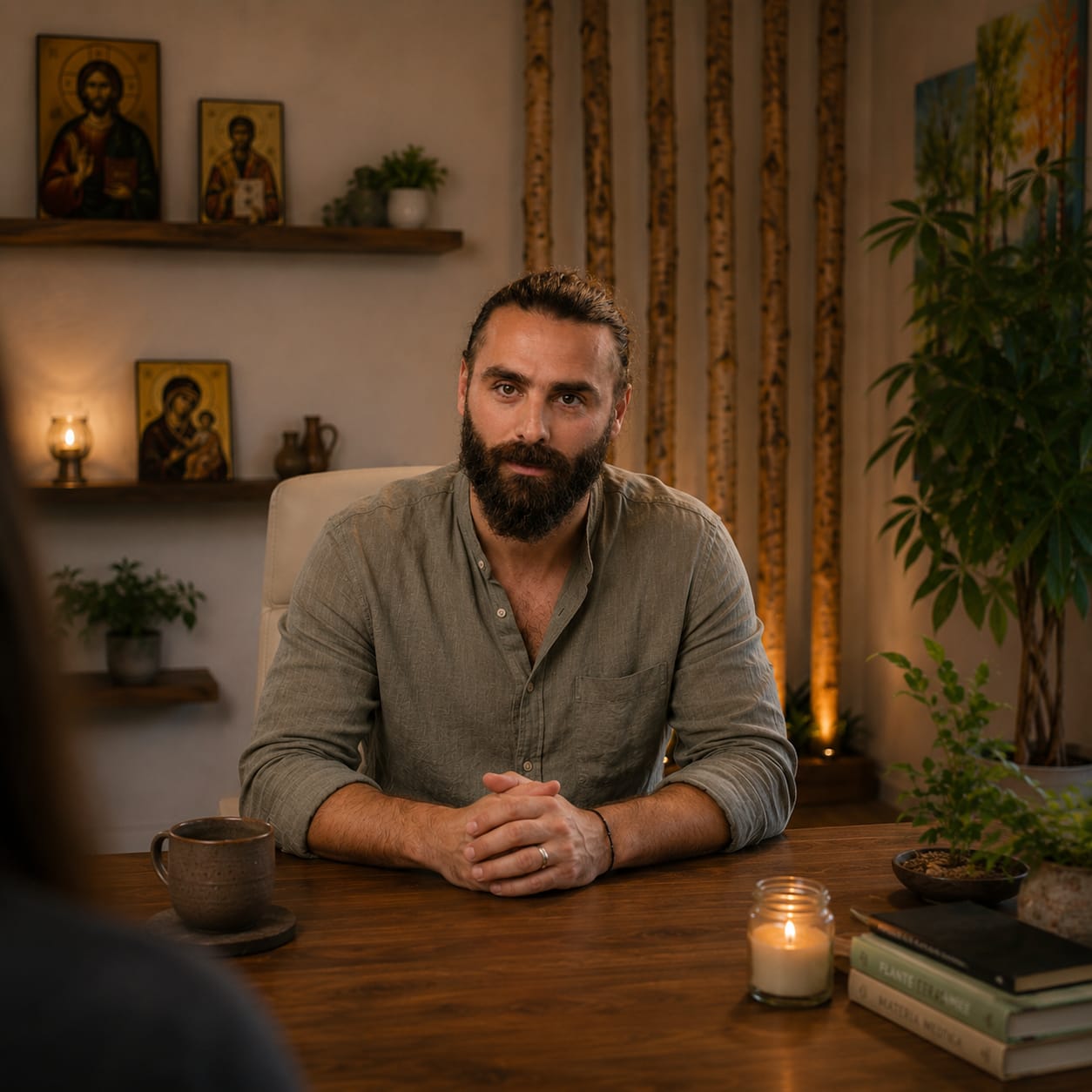 Portrait of a pensive man with a beard looking out a window in warm light